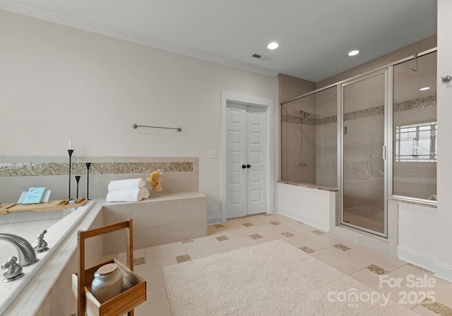 full bathroom with recessed lighting, tile patterned flooring, a bath, and a stall shower