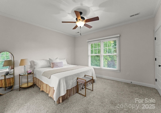 bedroom featuring baseboards, ornamental molding, and light carpet