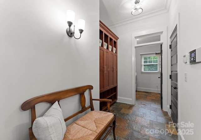 interior space featuring baseboards, ornamental molding, and stone tile floors