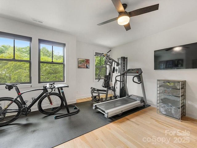 workout room featuring ceiling fan, baseboards, wood finished floors, and visible vents