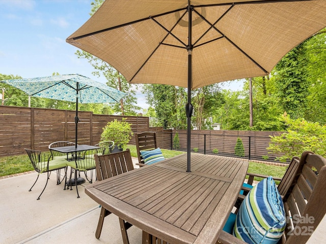 view of patio featuring a fenced backyard and outdoor dining area