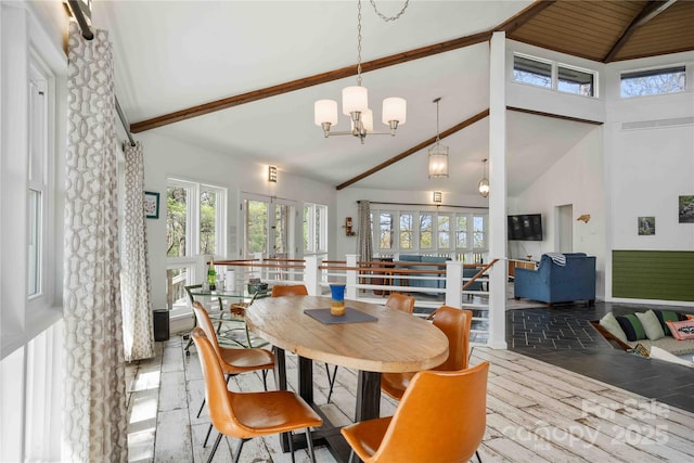 39 Tatham Rd, Hendersonville, NC 28792 - dining space featuring high vaulted ceiling, a wealth of natural light, a notable chandelier, and beam ceiling