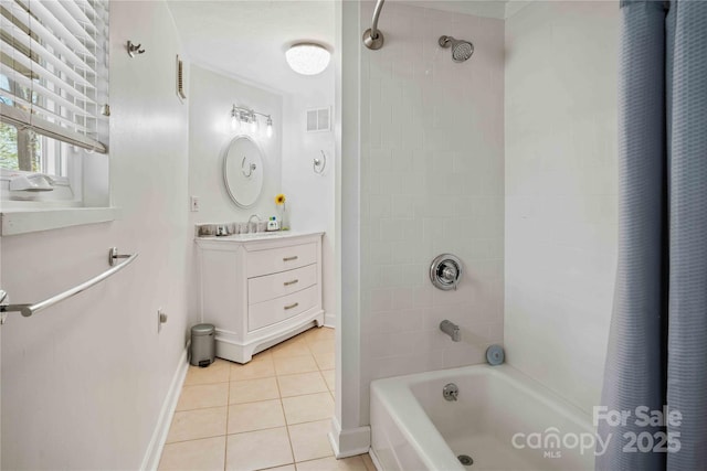 39 Tatham Rd, Hendersonville, NC 28792 - full bath featuring vanity, shower / bath combo with shower curtain, baseboards, tile patterned flooring, and visible vents