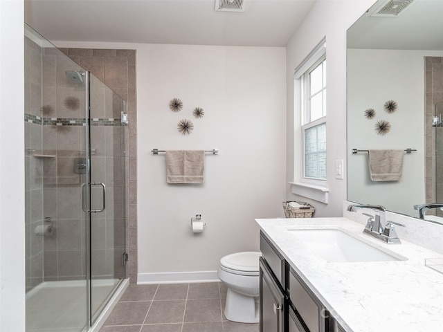 bathroom featuring a shower stall, toilet, baseboards, tile patterned flooring, and visible vents