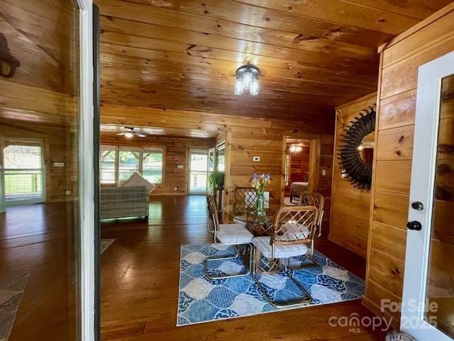 926 Cross Creek Dr, Rutherfordton, NC 28139 - unfurnished living room with wooden ceiling, wooden walls, wood finished floors, plenty of natural light, and a ceiling fan