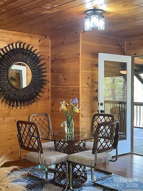 926 Cross Creek Dr, Rutherfordton, NC 28139 - dining area featuring wooden ceiling, wood walls, and wood finished floors