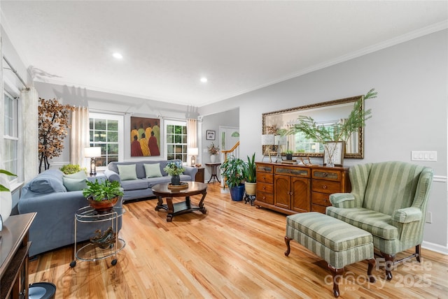 148 Broyles Rd, Hendersonville, NC 28791 - living area with crown molding, light wood-style flooring, and recessed lighting