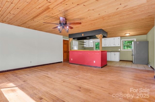 unfurnished living room featuring wood ceiling, ceiling fan, and light wood-style flooring