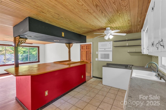 kitchen featuring white cabinets, a sink, a ceiling fan, wood ceiling, and white oven
