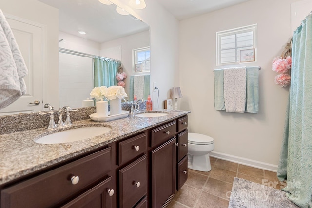 176 Jennymarie Rd, Mooresville, NC 28115 - bathroom with baseboards, double vanity, toilet, and curtained shower