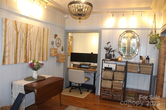 242 Birch Ln, Arden, NC 28704 - office area with an inviting chandelier, track lighting, and wood finished floors