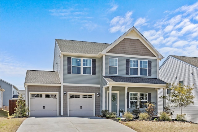 view of front of home with driveway, a porch, and a shingled roof