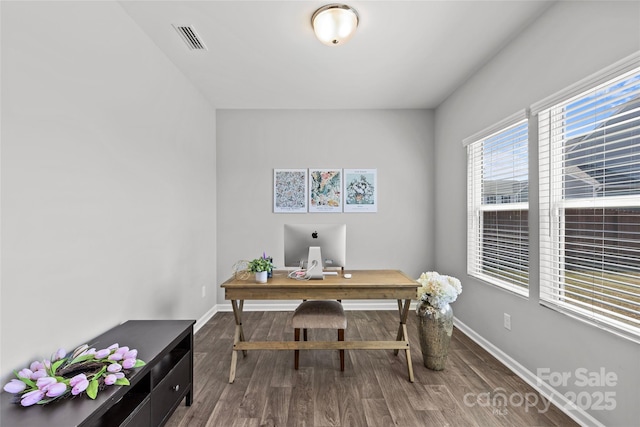 office featuring wood finished floors and baseboards