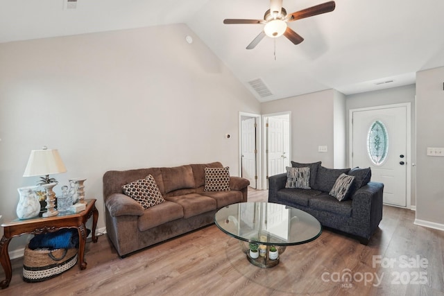 9200 Forest Green Dr, Charlotte, NC 28227 - living room featuring high vaulted ceiling, ceiling fan, wood finished floors, and visible vents