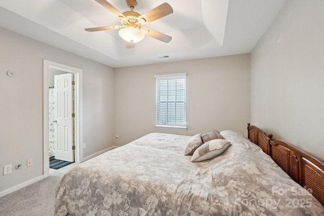 9200 Forest Green Dr, Charlotte, NC 28227 - carpeted bedroom with ceiling fan, baseboards, visible vents, and a raised ceiling
