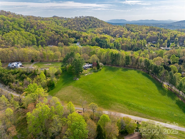 bird's eye view with a forest view and a mountain view