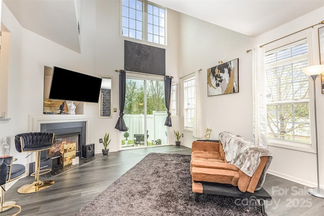 8424 Spirea Ct, Charlotte, NC 28215 - sitting room featuring baseboards, wood finished floors, a high ceiling, and a fireplace with flush hearth