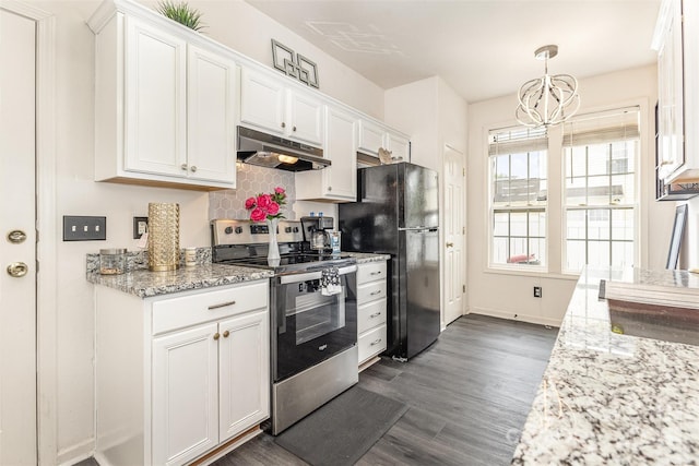 8424 Spirea Ct, Charlotte, NC 28215 - kitchen with freestanding refrigerator, a chandelier, under cabinet range hood, white cabinets, and stainless steel electric range