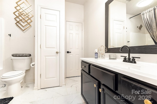 8424 Spirea Ct, Charlotte, NC 28215 - full bath with marble finish floor, toilet, vanity, baseboards, and curtained shower