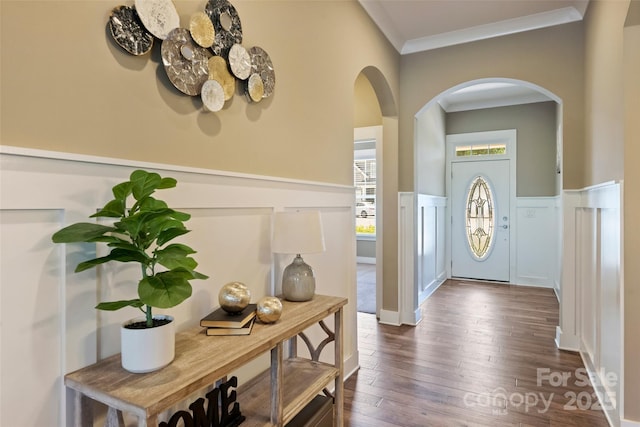 505 Chamberlain Ct, Mcadenville, NC 28101 - entrance foyer with arched walkways, ornamental molding, and wood finished floors