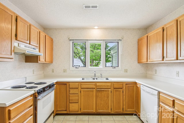 208 Dartcrest Dr, Hendersonville, NC 28792 - kitchen with a sink, white appliances, light countertops, wallpapered walls, and under cabinet range hood