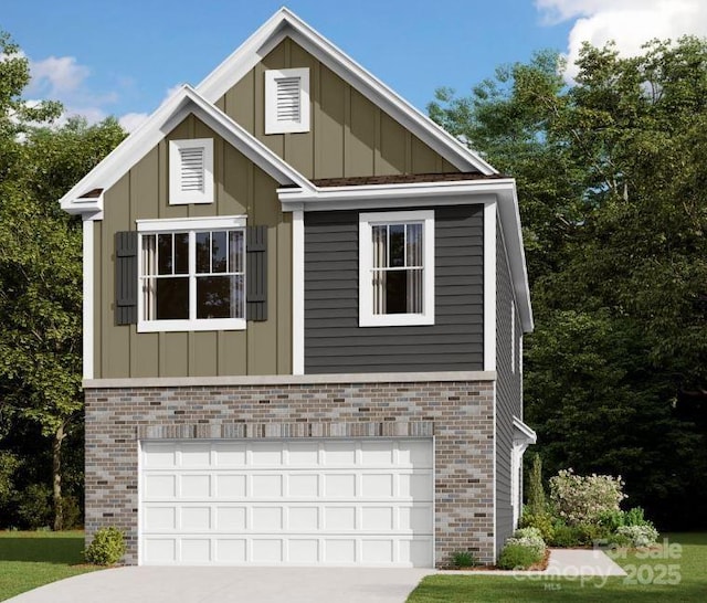 view of front facade featuring concrete driveway, board and batten siding, an attached garage, and brick siding
