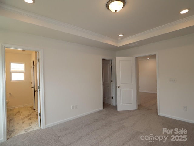 1119 Overbrook Pl, Wingate, NC 28174 - unfurnished bedroom featuring ornamental molding, baseboards, recessed lighting, ensuite bathroom, and carpet flooring