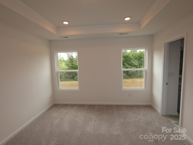 1119 Overbrook Pl, Wingate, NC 28174 - empty room featuring ornamental molding, a tray ceiling, light carpet, recessed lighting, and baseboards