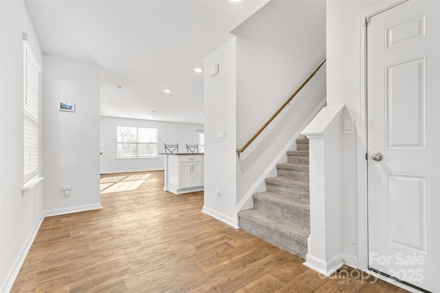 2120 Redstone Dr, York, SC 29745 - stairs with baseboards, wood finished floors, and recessed lighting