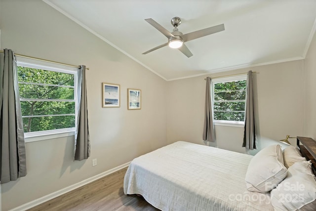 bedroom with vaulted ceiling, wood finished floors, baseboards, and multiple windows
