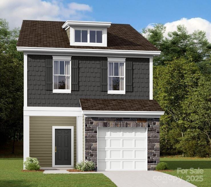 view of front of property with driveway, a front lawn, an attached garage, and stone siding