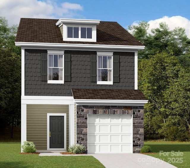 view of front of property with driveway, a front lawn, an attached garage, and stone siding