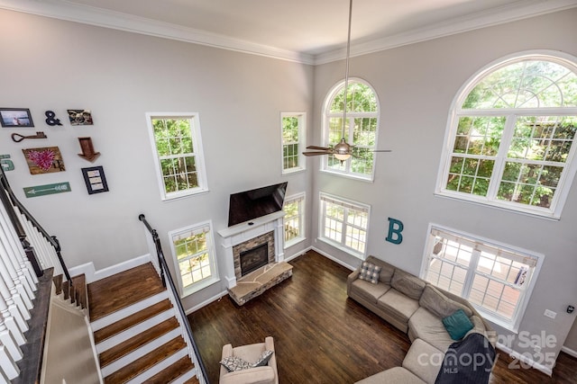 141 Culpeze Rd, Mooresville, NC 28117 - living area featuring stairs, dark wood finished floors, a stone fireplace, plenty of natural light, and crown molding