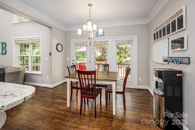 141 Culpeze Rd, Mooresville, NC 28117 - dining room with a chandelier, dark wood-type flooring, plenty of natural light, ornamental molding, and baseboards