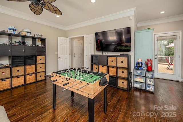 141 Culpeze Rd, Mooresville, NC 28117 - game room featuring wood finished floors, a ceiling fan, ornamental molding, and recessed lighting