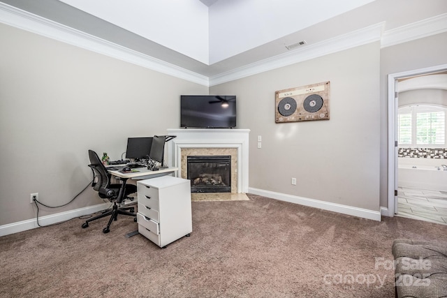 141 Culpeze Rd, Mooresville, NC 28117 - carpeted office featuring baseboards, crown molding, and a premium fireplace