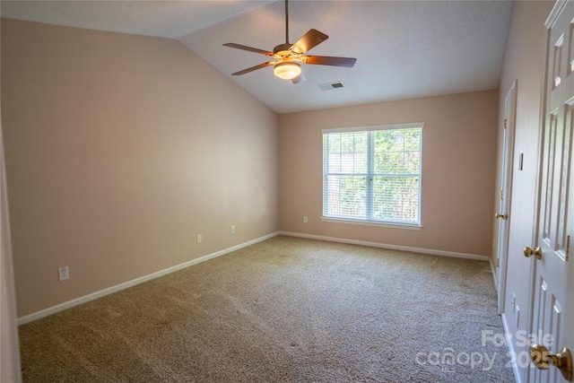 134 Walmsley Pl, Mooresville, NC 28117 - spare room with carpet floors, ceiling fan, visible vents, baseboards, and lofted ceiling