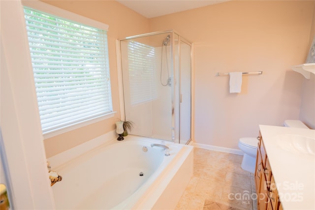134 Walmsley Pl, Mooresville, NC 28117 - bathroom featuring toilet, vanity, a shower stall, and a garden tub
