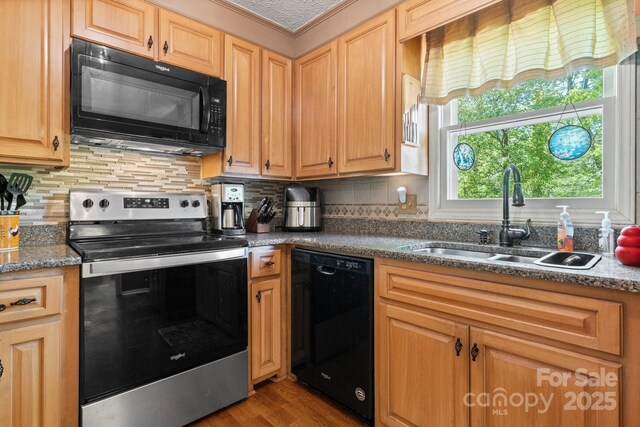 kitchen with wood finished floors, a sink, black appliances, decorative backsplash, and ornamental molding