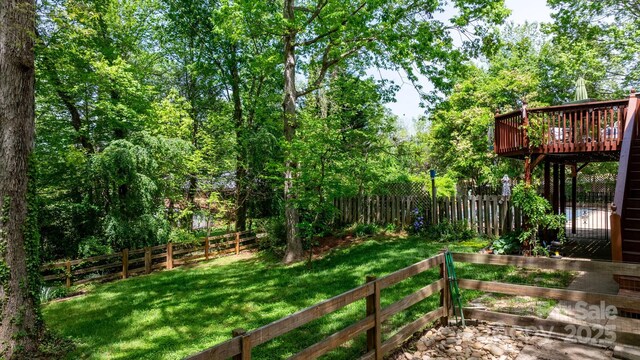 view of yard featuring a fenced backyard and a wooden deck