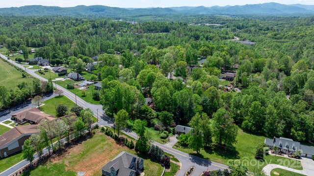 birds eye view of property featuring a forest view and a mountain view