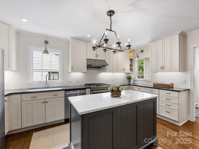 kitchen with stainless steel appliances, an inviting chandelier, ornamental molding, and a sink
