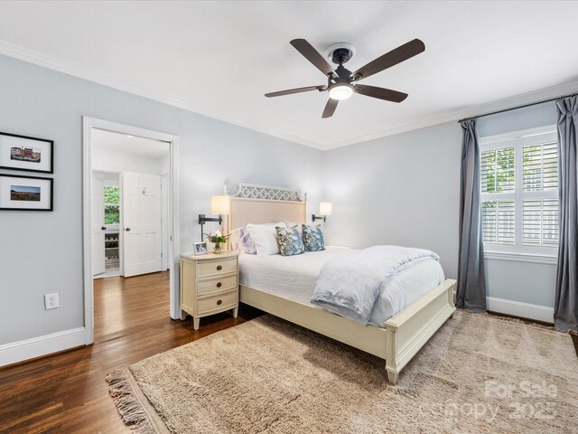 bedroom featuring ornamental molding, multiple windows, wood finished floors, and baseboards