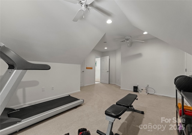 workout room featuring recessed lighting, lofted ceiling, baseboards, light colored carpet, and ceiling fan