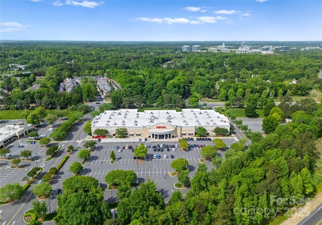 bird's eye view with a wooded view