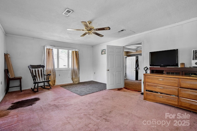 3265 W Innes St, Salisbury, NC 28144 - living area featuring carpet flooring, a textured ceiling, visible vents, and ceiling fan