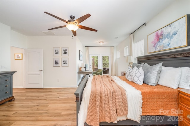 bedroom featuring light wood-type flooring, access to exterior, baseboards, and ceiling fan