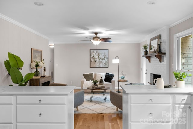 1607 Old Lawyers Rd, Marshville, NC 28103 - living area with light wood-style flooring, a ceiling fan, ornamental molding, and a fireplace