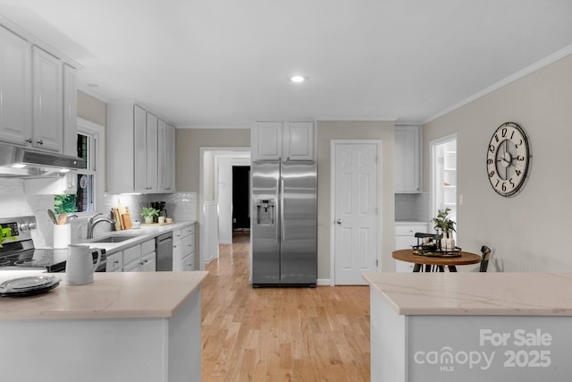 1607 Old Lawyers Rd, Marshville, NC 28103 - kitchen featuring appliances with stainless steel finishes, under cabinet range hood, a sink, tasteful backsplash, and light wood-type flooring