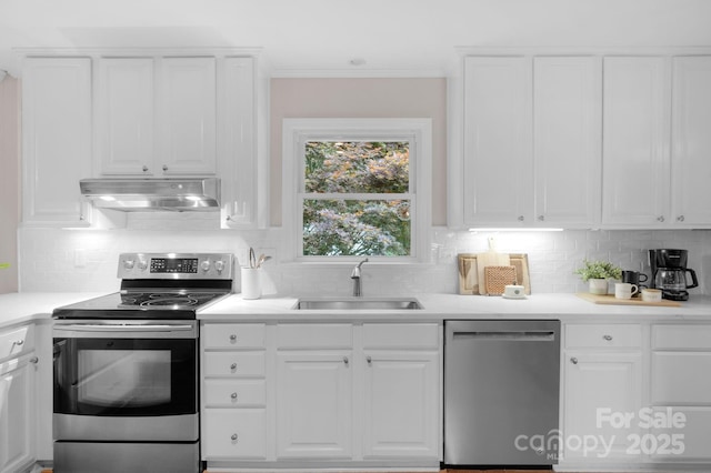 1607 Old Lawyers Rd, Marshville, NC 28103 - kitchen with stainless steel appliances, a sink, under cabinet range hood, white cabinets, and crown molding
